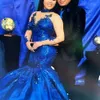 Abiye trompet Jurken High Blue 2022 Prom Royal Neck Long Sheeves Lace Parns Appliques Elegante vrouwen Plus Size Mermaid Formele jurken E GG