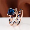 Wedding Rings Royal Blue Green Black Red Stone Heart Ring Sets For Women Rose Gold Color White Zircon Bridal Bands Mothers Day Jewelry