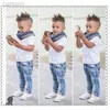 Clothing Sets Casual Boys Clothes Suits Children Short Shirt Jean Sets Kids White Shirts Trouser Baby Boys Outfits Stripe Neckerchief ldd240311