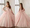 Erröten rosa Ballkleid Quinceanera Kleider 2020 Langarm rückenfrei Spitze Applikation Abschlussball-Partei-Kleider Sweet 16 Geburtstagskleid Vestido 9182895