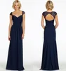 2020 Charming Dark Navy Bridesmaid Dresses Chiffon Sweetheart Cap Sleeve Backless Vintage Cheap Evening Dress Long Party Prom Gown2292221