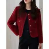 여자 재킷 프랑스 와인 레드 격자 무늬 코트 여성 패션 라운드 넥 싱글 가슴 두꺼운 기질 유명 인사 크리스마스 해 레이디 재킷