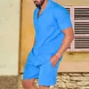 Mens loose short sleeved shirt and shorts set cotton linen set V-neck shirt vintage sportswear summer 2 pieces 2023 240311