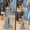 2020 Nouvelles robes de bal sirène bleu ciel clair sur l'épaule dentelle appliques cristal perlé haut côté fendu robe de soirée en tulle Even5010140