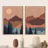 Boho abstrait paysage nordique affiches et impressions en terre cuite soleil montagne mur art toile peinture ligne coucher de soleil photo décor Paint2494