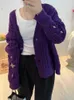 Damen Strick Vintage Star bestickter dunkelviolett gestrickter Strickjacken Y2K Streetwear Loous V Hals Langer Pullover