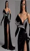 2022 Black Velvet Evening Gowns Sweep Train the Shoulder Mermaid Prom Dresses High Slit Pearls Fordidos 공식적인 유명인 가운 8043823