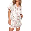 Kvinnor Sleepwear Women s Satin Pyjama Set Lapel Neck Button Down Short Sleeve Tops Elastic Midjeshorts 2 Pieces Lounge Drop Delivery OT6IS