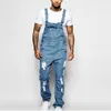 Men's Jeans Ripped Light Blue Denim Overalls Destroyed Wash Holes Jumpsuits For Male