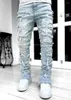 Jeans da uomo Regular Fit Impilati Strappati Slim Patch Distressed Pantaloni di jeans dritti distrutti Hip Hop Streetwear Panno per pantaloni