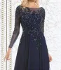 2024 Elegant Mother of The Bride Dresses Chiffon Lace Appliques Beaded Illusion Long Sleeves Bateau Neck Wedding Party Dresses Evening Gown