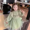 Green Childrens Clothing Girl Spring Dress Patchwork Mesh kjol Baby Princess 240306