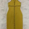 Casual Dresses Yellow O Neck Sleeveless Beading Cut Out Rayon Bandage Dress Evening Party Top Quality Celebrity Vestidos