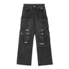 Jeans da uomo 2024 Foro strappato Hip Hop Punk Cargo Multi-tasche Techwear Lavato Baggy Uomo Nero Blu Gamba larga Pantaloni di jeans dritti