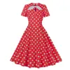 Round Neck Bowknot Lace Dresses Up Polka Dots Short Sleeve Hepburn Style Retro Big Swing Dress Female