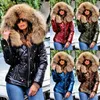 Mujer Abajo Ropa de algodón para Mujer Pieza de Metal Brillante Corta Casual Cálido Cremallera Delgada Moda Color sólido Cuello de Piel Chaqueta de Invierno con Capucha