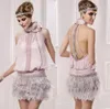 Great Gatsby Robes de cocktail courtes avec plumes Col haut Sparkly Perles Dos nu Rose Pageant Prom Party Occasion Robes Plus Siz2118683