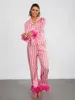 Kvinnors sömnkläder Kvinnor Satin Pyjama Set Långärmning Lapel Neck Rands Topps Elastic Midje Patchwork Feather Pants Outfit S-XL