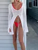 Frauen Bikini Cover Up Einfarbig Ausschnitt Langarm Tie-Up Sommer Badeanzug Coverup Häkeln Badeanzug Ups Strand Tops