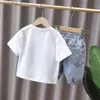 T-shirts Summer 3D Printing Baby Boys Short Sleeved Top t-Shirt + Denim Short Pant Kids 2-Piece Outfits Clothing For 1-10 Years L240311