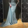 Arapça Dubai Türk Uzun Kollu Kadın Gece Elbiseleri Denizkızı V Boyun Boyun Etirler Deri Saten Resmi Festival Parti Gowns Nakış Dantel Boncuk Boncuklu Vestidos Cl2284