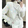 High End Clothing Rhinestone Tweed Woven Short Coat Women French Elegant Ostrich Feather Sleeve Square Collar Slim Jacket 24 240301