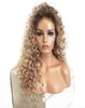 Blue Blonde Curly Peruka z brązowym korzeniem odpornym na syntetyczną koronkową przednią perukę 180 Gęstość Peruki Ombre dla czarnych kobiet4880583