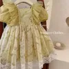 Sommer-Prinzessin-Kleid, runder Kragen, Puffärmel, koreanischer Stil, Baby-Party mit grüner Blumenspitze für Kinder E2011 240301