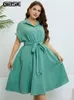 Plus Size Kleider GIBSIE Solide Halbknopf-Hemdkleid mit Gürtel Damenmode Sommer Kurzarm Damen Casual Midi A-Linie 2024