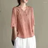 Women's T Shirts 2024 Summer Fashion Large Clothing Vintage Embroidery Cotton Linen Loose V-neck Middle Sleeve Shirt Pullover Tops