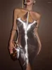 Casual Dresses Elegant Silver Off Shoulder Backless Mini Dress Women ärmlös Slim Fit Short 2024 Fashion Lady Party Prom Vestido