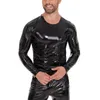 T-shirt da uomo T-shirt in pelle PVC lucida da uomo Manica lunga Taglie forti T-shirt lucide Uomo Wetlook Latex Shaping Cappotto casual Cerniera accanto