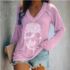 Women's T-Shirt Casual Zircon Printed Skull T Shirts Women v Neck Long Sle Young Girls Autumn Spring Loose Large Size Blouse Tops 5XL 240311