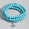 Brin OAIITE 8mm Naturel Bleu Turquoise Lotus Pendentif Wrap Bracelet 108 Perles Mala Femmes Yoga Prière Bijoux Collier