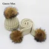 Children knitted Scarf and Hat Set Luxury Winter Warm Crochet Hats scarves with Real fur pom Beanie for boys girls 240227