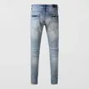 Męskie dżinsy High Street Fashion Men Retro Blue Endent Chude Fit Ribed Ceth Patched Designer Mody Hop Mrand Pants Hombre