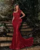 Arabic Sparkly Mermaid Evening Dresses Sexy Wear Red Sequined Prom Dresses Ruffles Formal Party Second Reception Gowns Custom Made