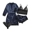 Kvinnors sömnkläder Hirigin 4 -stycken pyjama Set V Neck Cami Topps Lace Trim Shorts Belted Robe Thong Set Nightwear