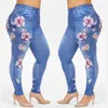 Moda Faux Denim Leggings Tallas grandes Mujer Calle Casual Imprimir Pantalones de cintura alta Oversize Sexy Slim Elástico Flaco Pantalones 240229