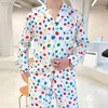 Damen Sleep Lounge Designer-Pyjama aus luxuriöser Eisseide im koreanischen Stil mit langen Ärmeln und farbenfrohem Polka-Dot-Pyjama, locker sitzendes Damen-Kleidungsset für zu Hause, süß 8INV