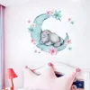 Watercolor Sleeping Baby Elephant on the Moon Wall Stickers With Flowers for Kids Room Baby Nursery Room Wall Decals PVC197F