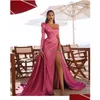 Evening Dresses 2021 Pink Prom Mermaid Side Split Formal Long Gowns One Shoder Sleeves Satin Pleated Designer La244P Drop Delivery W Dhyv8