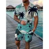 Ny gränsöverskridande polo skjorta Hawaiian Coconut Tree Print Men's Fashion Trend Polo Short Shorts 2-Piece Set