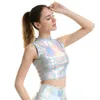 LJCUIYAO KVINNER CROP TOP TOP GHINNING MATERIAL LÄDER SLEEVELESS VEST Sporttankstoppar Guld Silver Shining Colorful Green Red Clothes 240229