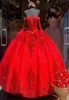 Real Pos Red Organza Sweet 16 QuinCeanera Dresses Sequined Applique Pärled Sweetheart Pageant Dress Mexikansk tjej Födelsedag Gown5662382