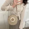 Shoulder Bags Summer Vacation Straw Round Beach Bag Women Flower Woven Messenger PU Patchwork Girls Handbag Casual