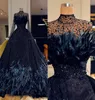 Bohemian Black Ienasdresses Ball Gown Abiti da sposa Manica lunga Collo alto Abito da principessa in raso Tulle Piuma di pizzo Cristallo da sposa 5382863