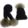 Children knitted Scarf and Hat Set Luxury Winter Warm Crochet Hats scarves with Real fur pom Beanie for boys girls 240227