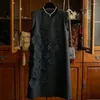 Casual jurken 3d Decal Black Print Jurk Vrouwen zomer retro Britse middele lengte geplooide bloemenhuls los fitting pullover rok