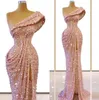 Glittering Pink Sequined Evening Dresses 2021 Sexy One Shoulder Ruched Sweep Train Formal Prom Gowns Side Slit Mermaid Women Speci4030242